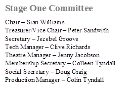 Stage One Committee
Chair � Sian Williams
Treasurer/Vice Chair � Peter Sandwith
Secretary � Jezebel Groove
Tech Manager � Clive Richards
Theatre Manager � Jenny Jacobson
Membership Secretary � Colleen Tyndall
Social Secretary � Doug Craig
Production Manager � Colin Tyndall
